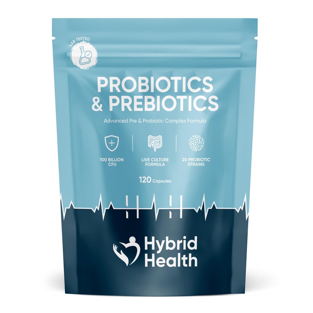 Hybrid Health Probiotics + Prebiotics Supplement - 100 Billion CFU Probiotics, 120 Vegan Capsules, 20 Probiotic Live Culture Strains, Probiotics for Women & Men
