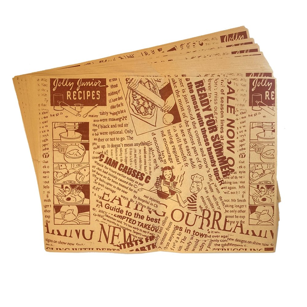 100 PCS Greaseproof Paper Sheets, 38x28CM Thickened Sandwich Papers Wrap, Burger Wrapping Sheet, Non-Stick BBQ Food Basket Liners, Deli Wrappers for Bread, Cheese, Toasts and Burrito(News Paper)