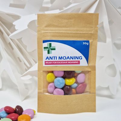Anti-Farting Anti-Moaning Old-Git Pills Gag Gift Novelty Sweet Bag Funny Birthday Surprise Chocolate Treat Bag Joke Chocolate Present - Anti Moaning Sticker with Brown Empty Bag