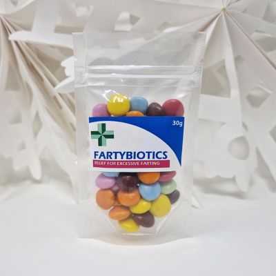 Anti-Farting Anti-Moaning Old-Git Pills Gag Gift Novelty Sweet Bag Funny Birthday Surprise Chocolate Treat Bag Joke Chocolate Present - FARTYBIOTICS Sticker with Filled Clear Bag