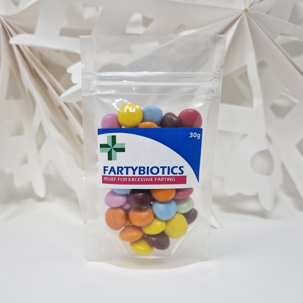 Anti-Farting Anti-Moaning Old-Git Pills Gag Gift Novelty Sweet Bag Funny Birthday Surprise Chocolate Treat Bag Joke Chocolate Present - FARTYBIOTICS Sticker with Filled Clear Bag