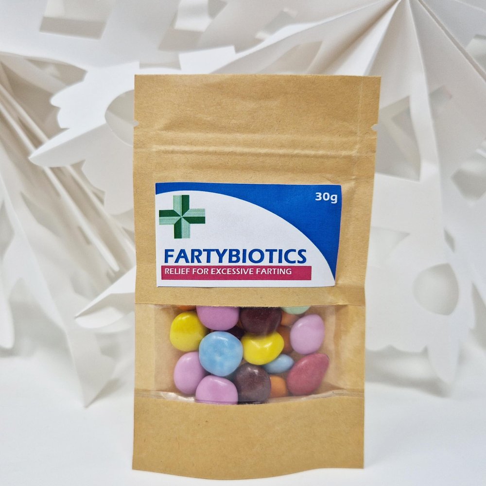 Anti-Farting Anti-Moaning Old-Git Pills Gag Gift Novelty Sweet Bag Funny Birthday Surprise Chocolate Treat Bag Joke Chocolate Present - FARTYBIOTICS Sticker with Brown Empty Bag