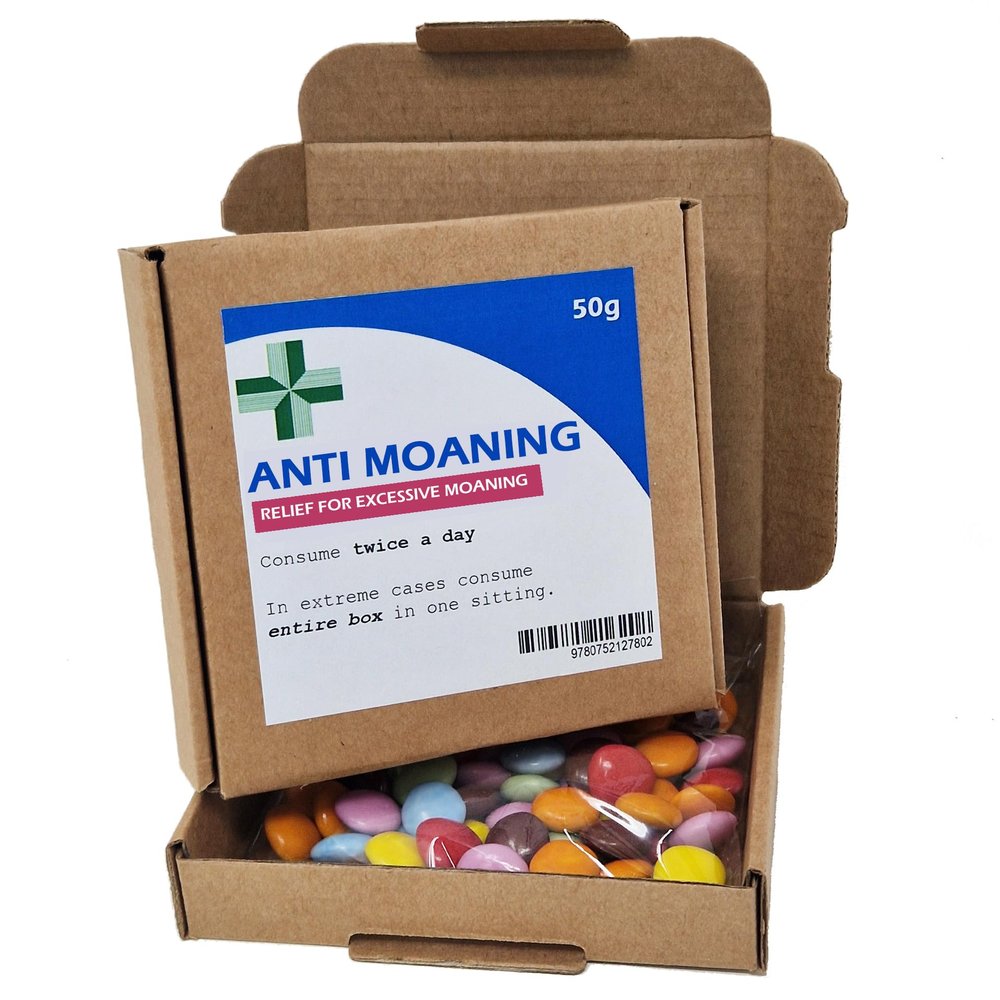 Anti-Farting Anti-Moaning Old-Git Pills Gag Gift Novelty Sweet Bag Funny Birthday Surprise Chocolate Treat Bag Joke Chocolate Present - Anti Moaning Sticker with unfilled Box