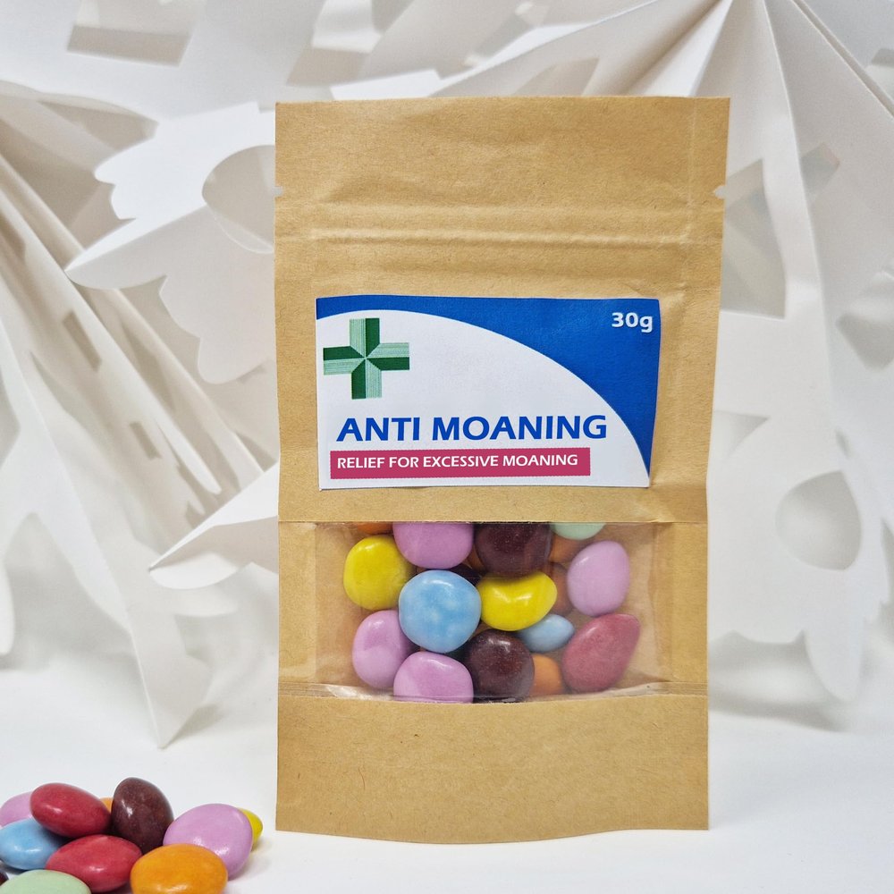 Anti-Farting Anti-Moaning Old-Git Pills Gag Gift Novelty Sweet Bag Funny Birthday Surprise Chocolate Treat Bag Joke Chocolate Present - Anti Moaning Sticker with Filled Brown Bag