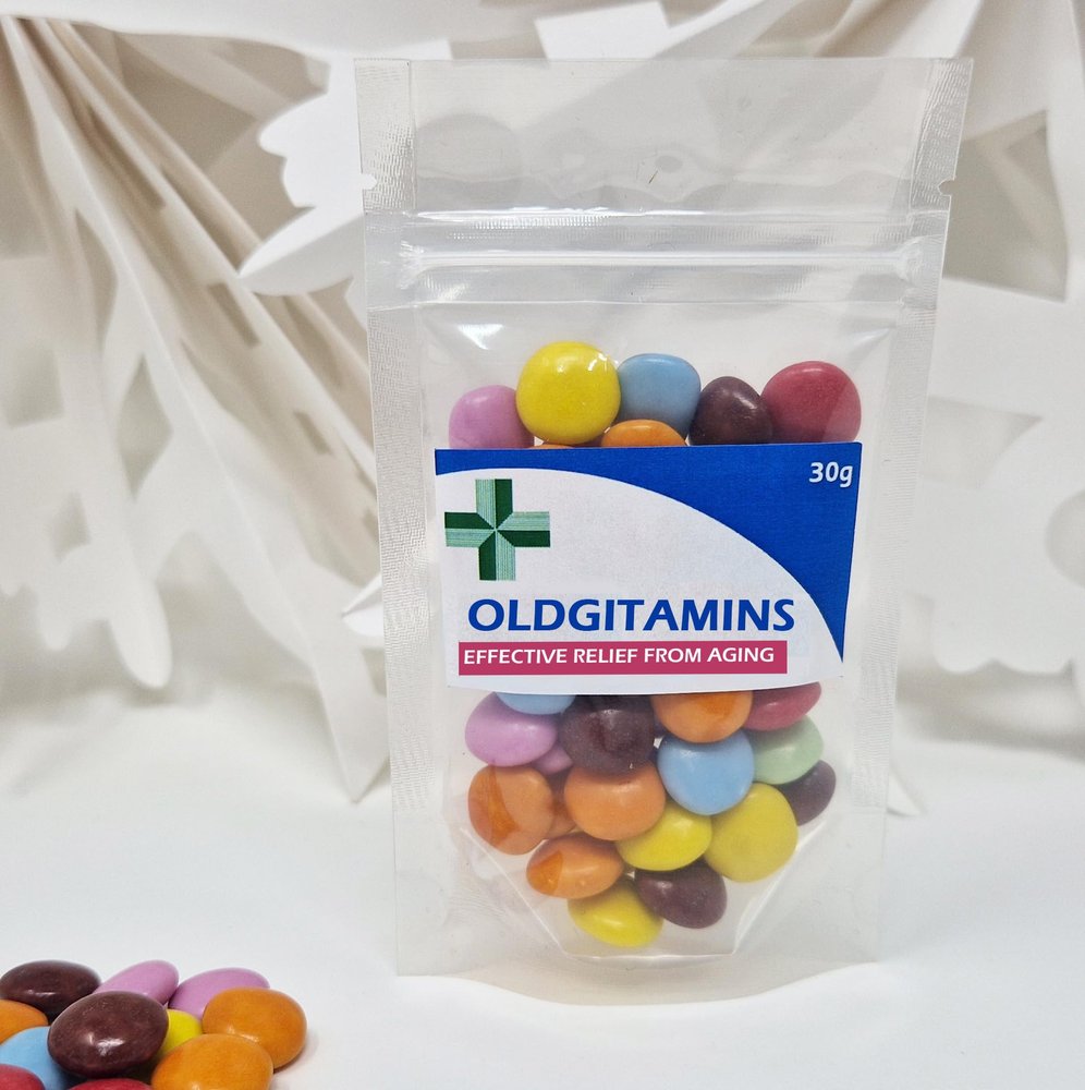 Anti-Farting Anti-Moaning Old-Git Pills Gag Gift Novelty Sweet Bag Funny Birthday Surprise Chocolate Treat Bag Joke Chocolate Present - OLDGITAMINS Sticker with Clear Empty Bag