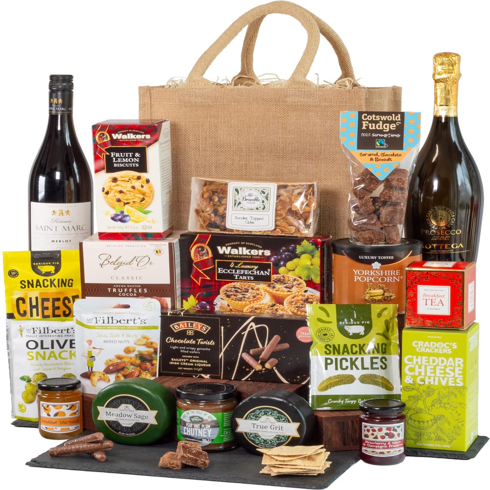 InterHamper | Family Indulgence Hamper with Wine, Prosecco, Fudge, Chocolate, Cake and Much More presented in a Big Hessian Bag
