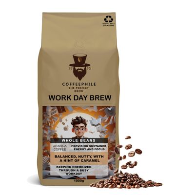 Coffee Phile Whole Beans Workday Brew - (Premium Arabica Beans) - Sustained Energy & Focus - Rich Flavoured Whole Coffee Beans 1Kg