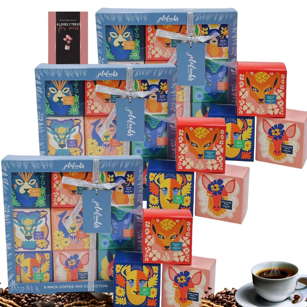 JOLAFUNBS Coffee Gifts Hamper 9pk Instant Coffee Sachets Individually Wrapped (20g Each)  French Vanilla, Hazelnut, Irish Cream, Caramel & More  Valentine, Birthday Gifts for Men & Women (3 Pack)