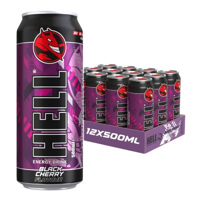 HELL Energy Drink Black Cherry Flavour | 12 x 500ml Cans Multipack | 32mg/100ml Caffeine | Contains Vitamins B2 B3 B5 B6 B12 | Preservative Free | Vegan | Reduce Fatigue
