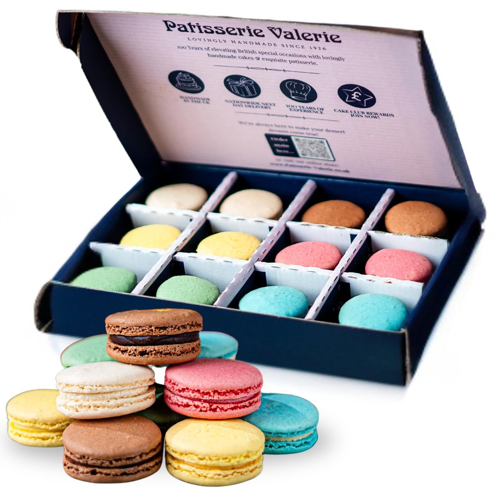 Patisserie Valerie Mixed Macaron Letter Box Gift - 12 Assorted Flavours - French Macarons - Rose Gold, Vanilla, Strawberry, Chocolate, Blue Salted Caramel - Perfect Macarons Gift Box