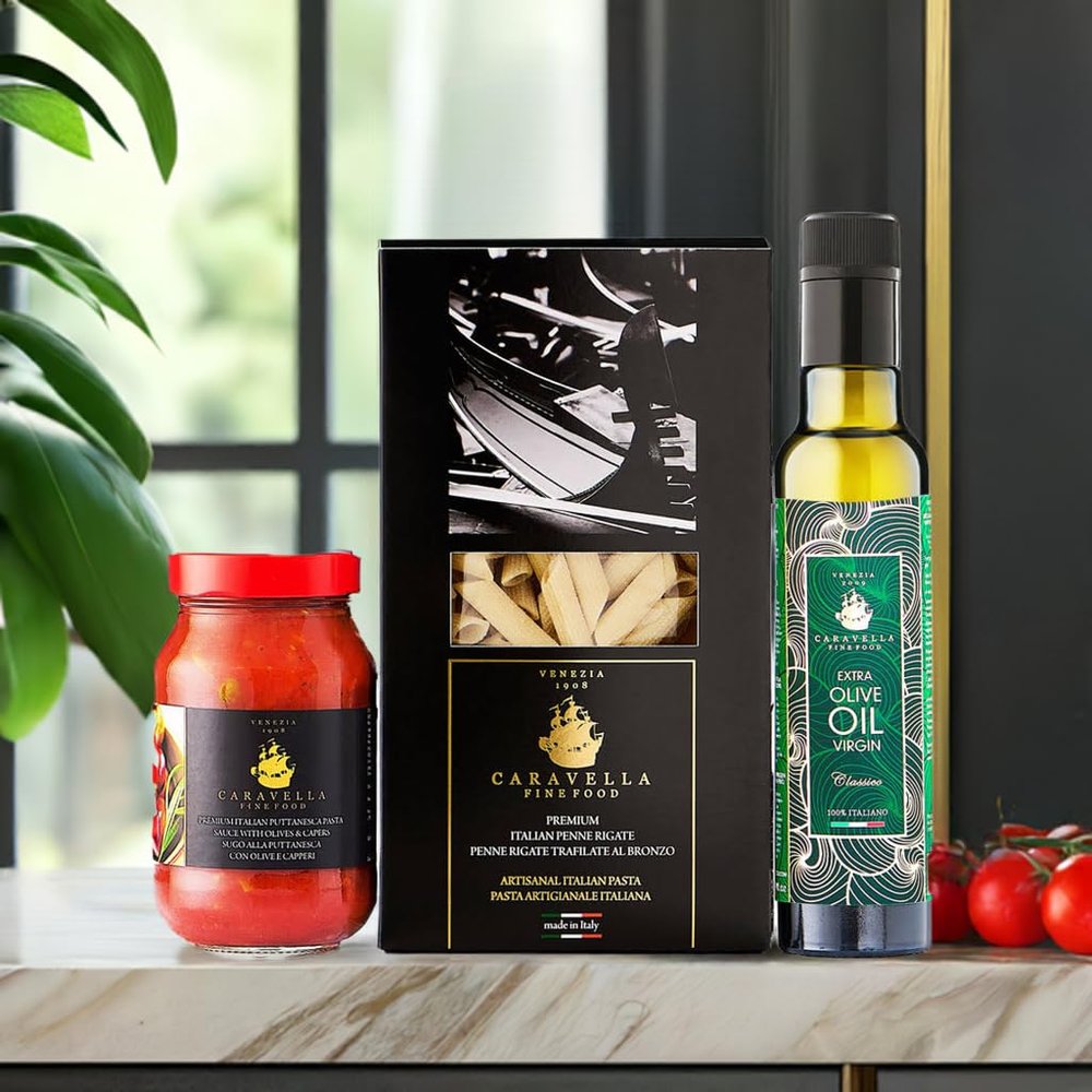 Caravella Fine Food - Italian Gourmet Gifts - Pasta Penne Rigate, Puttanesca Sauce, Olive Oil EVO - Luxury hampers from Venice for Him Her Family Couples Christmas Easter Birthday Anniversary