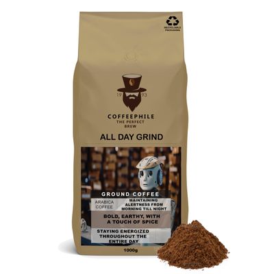 Coffeephile - 1 Kg, All Day Grind Ground Coffee - Made from Arabica Beans Maximizing Alertness From Morning Till Night - Rich Flavoured