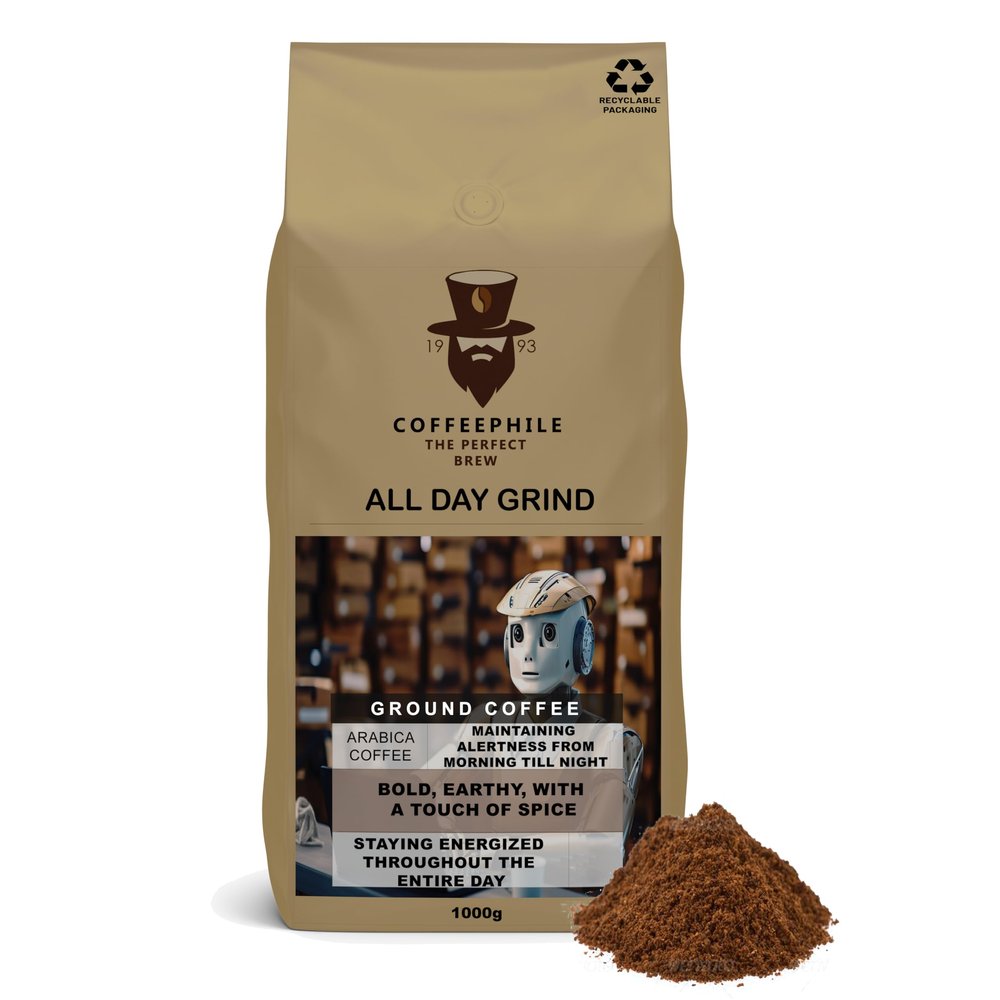 Coffeephile - 1 Kg, All Day Grind Ground Coffee - Made from Arabica Beans Maximizing Alertness From Morning Till Night - Rich Flavoured