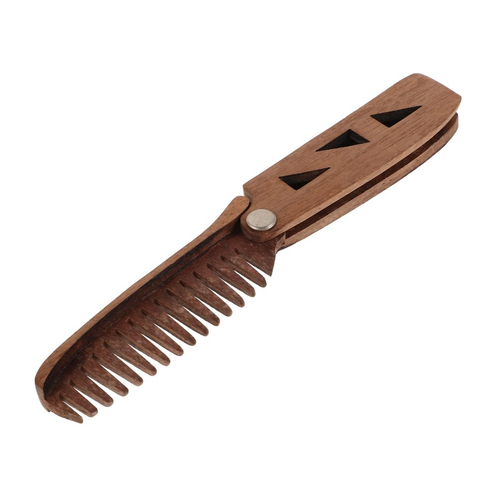 Baluue Wide Tooth Comb for Curls Barber Accessories Wooden Folding Mustache Comb Portable Men's Grooming Tool Pu Case for Beard Hair Styling