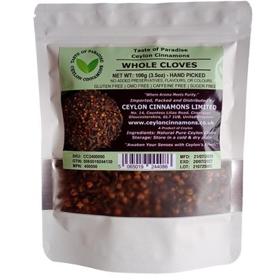 Cloves Whole | 100g | 3.5oz | Premium Quality | Sun Dried | Hand Picked | Product of Ceylon | Gluten Free | Non GMO | No Additives | No Preservatives