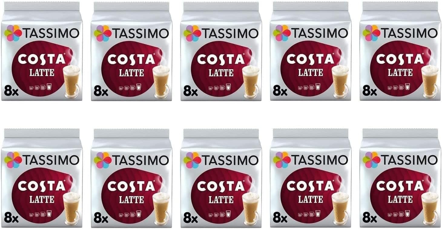 Tassimo Costa Latte Coffee Pods 16 discs, 8 servings (Pack of 10, Total 160 discs, 80 Drinks)
