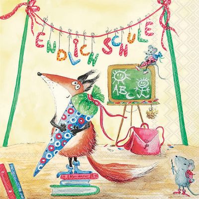 20 Napkins First Day of School Fox with School Cone as Table Decoration Paper Napkins with Motif Also for Decoupage and Decoupage 33 x 33 cm