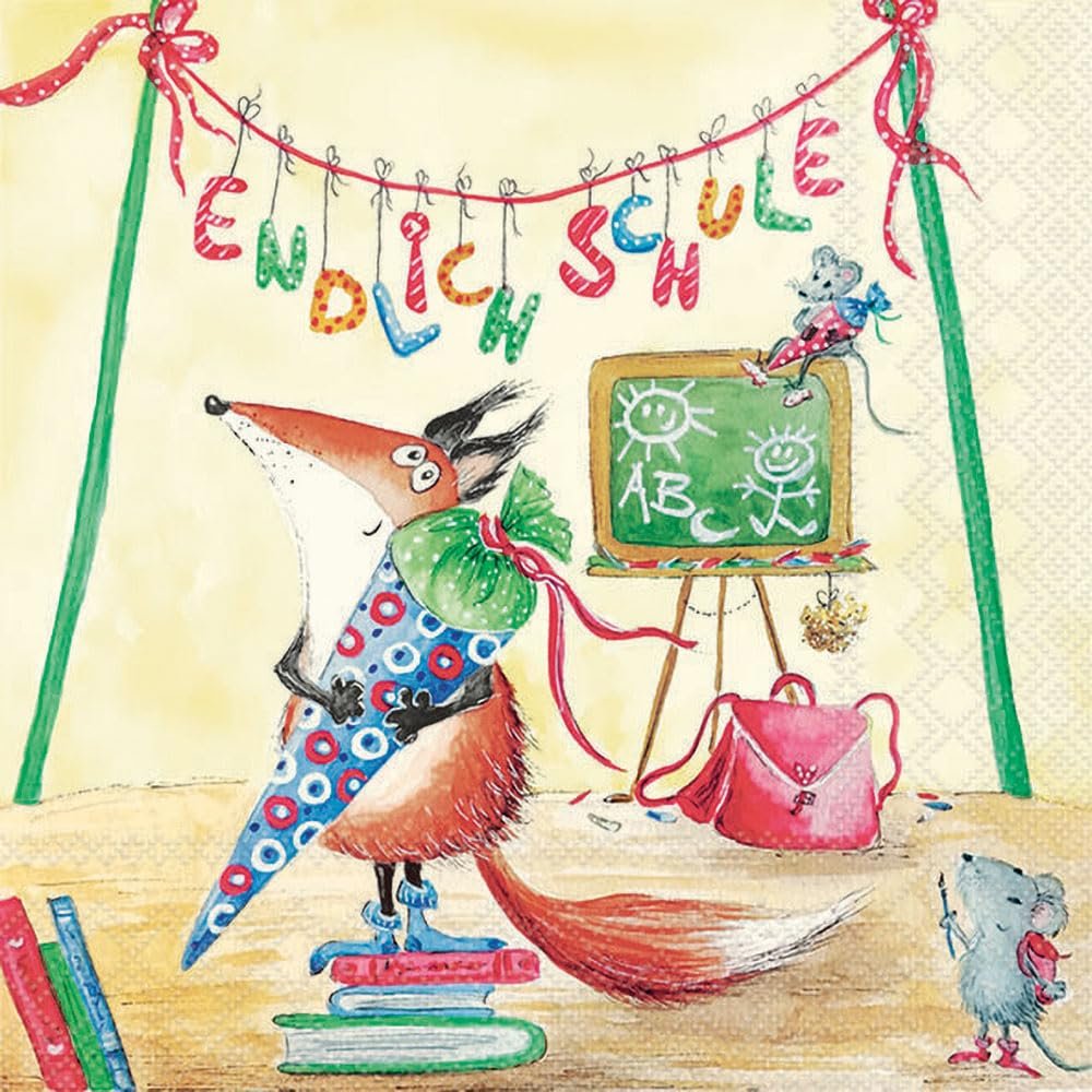 20 Napkins First Day of School Fox with School Cone as Table Decoration Paper Napkins with Motif Also for Decoupage and Decoupage 33 x 33 cm