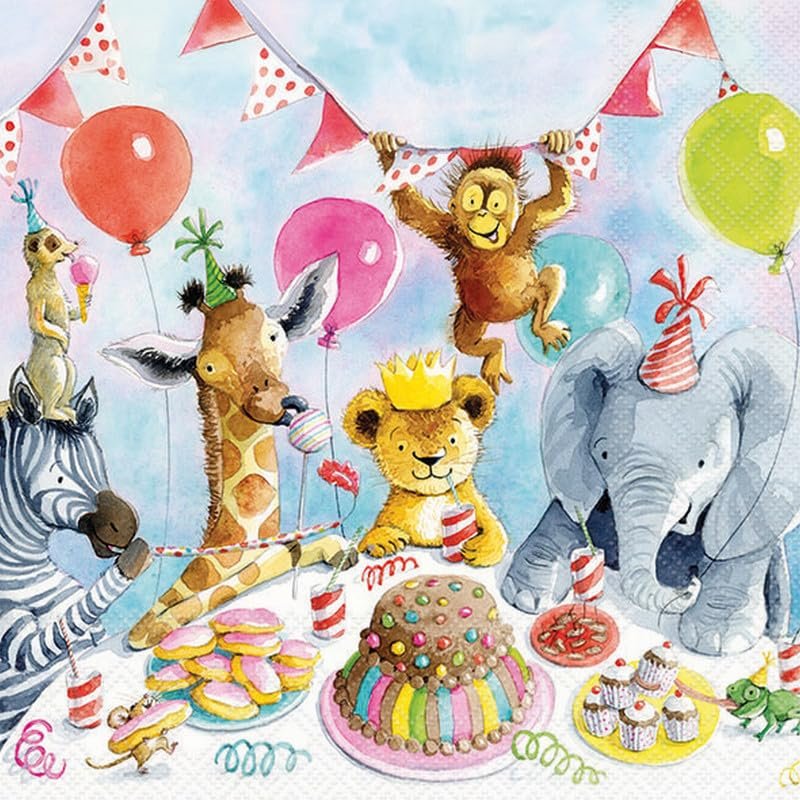 20 Napkins Birthday Celebrations with Party Animals as Table Decoration Paper Napkins with Motif Also for Decoupage and Decoupage 33 x 33 cm