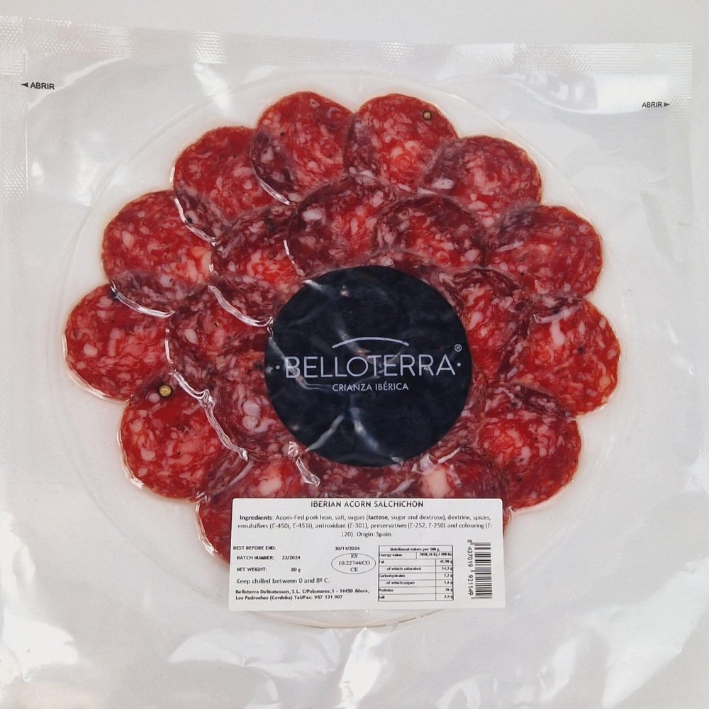 Belloterra Iberian Ham Certified Pure Iberian Acorn-Fed Salchichon 80g Vacuum Packed Sliced Ham Cured Between 24 and 48 Months. 100% Iberian breed. Great Taste Awards