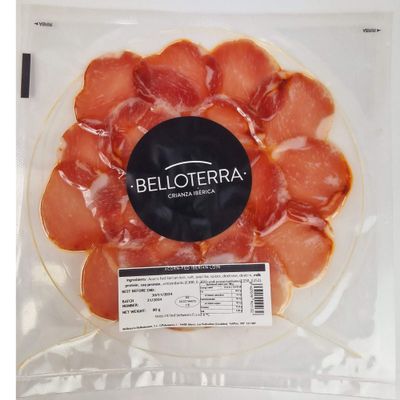 Belloterra Iberian Ham Certified Pure Acorn Fed Iberian Loin 80g Vacuum Packed Sliced Ham Cured Between 24 and 48 Months. 100% Iberian breed. Great Taste Awards