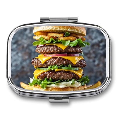 Extra Large Burger Pill Box for Pocket Square Pill Box 2 Compartment Decorative Portable Travel Pill Holder Tablet Vitamin Organizer Mini Pill Case