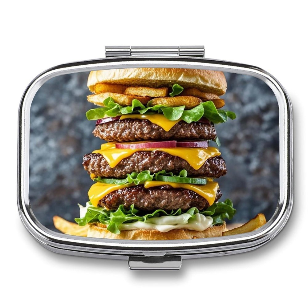 Extra Large Burger Pill Box for Pocket Square Pill Box 2 Compartment Decorative Portable Travel Pill Holder Tablet Vitamin Organizer Mini Pill Case