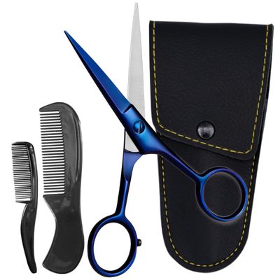 ONTAKI 5" Beard Moustache Scissors Professional German Steel 2 Comb Carrying Pouch Mustache Trimming - Hand Forged Bevel Edge Precision Men Facial Hair Grooming Kit All Body Hair (Midnight Blue)