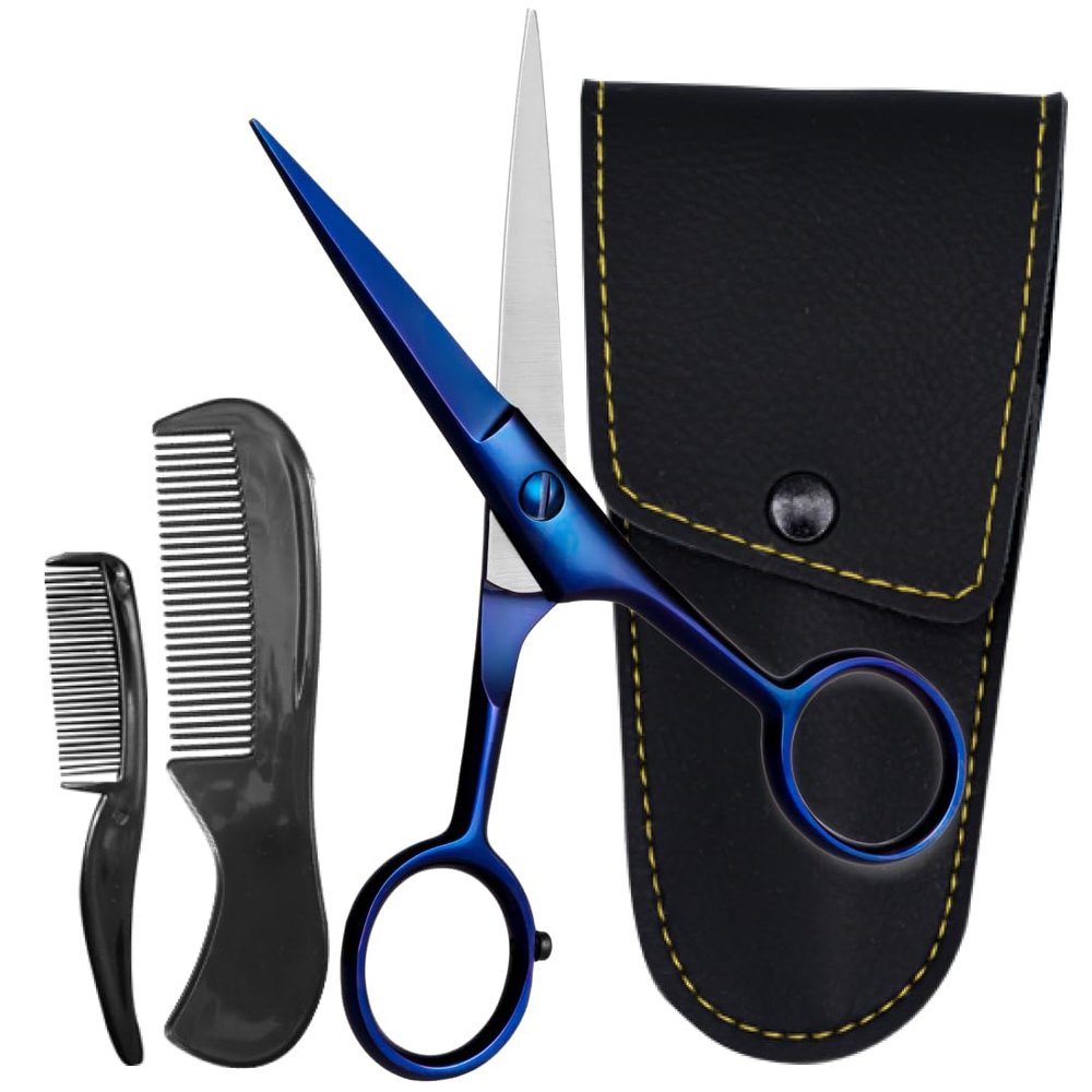 ONTAKI 5" Beard Moustache Scissors Professional German Steel 2 Comb Carrying Pouch Mustache Trimming - Hand Forged Bevel Edge Precision Men Facial Hair Grooming Kit All Body Hair (Midnight Blue)