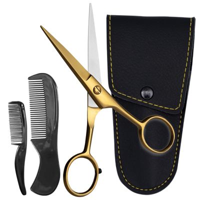 ONTAKI 5" Beard Moustache Scissors Professional German Steel 2 Comb Carrying Pouch Mustache Trimming - Hand Forged Bevel Edge Precision Men Facial Hair Grooming Kit All Body Hair (Golden Brass)