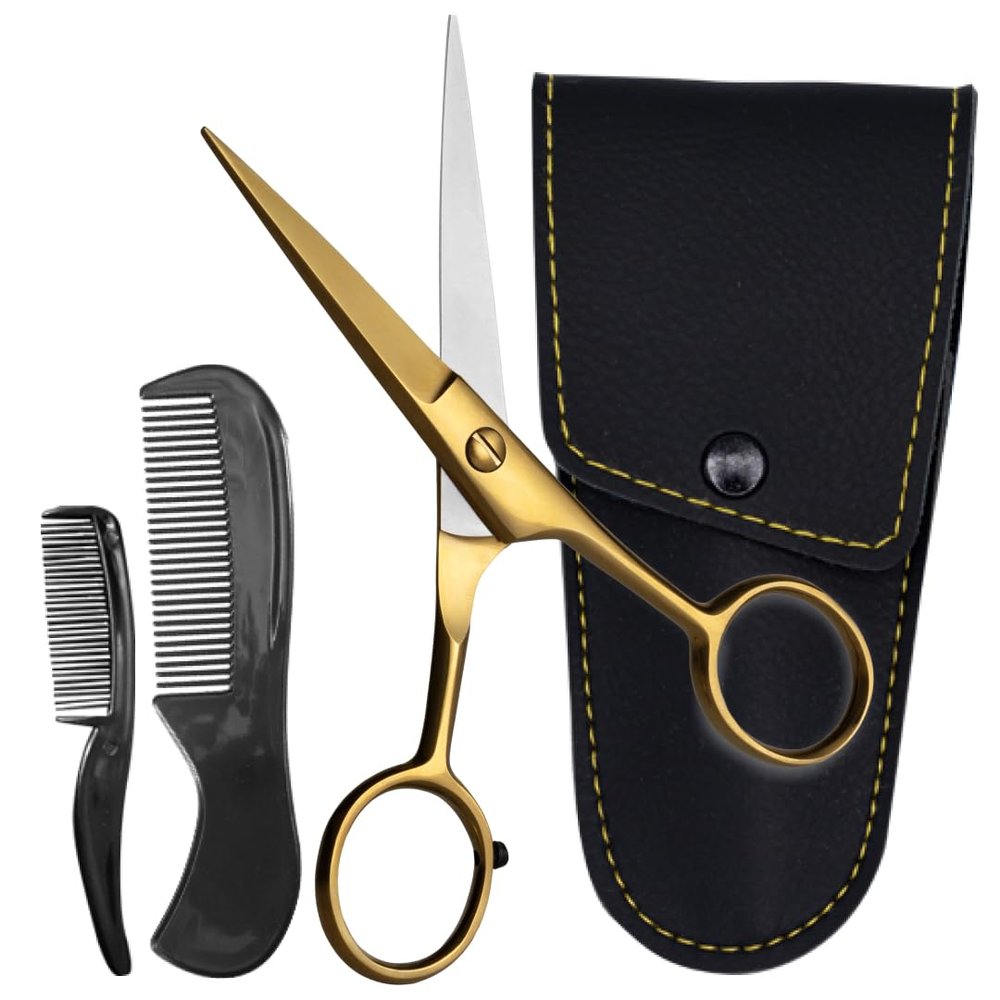 ONTAKI 5" Beard Moustache Scissors Professional German Steel 2 Comb Carrying Pouch Mustache Trimming - Hand Forged Bevel Edge Precision Men Facial Hair Grooming Kit All Body Hair (Golden Brass)