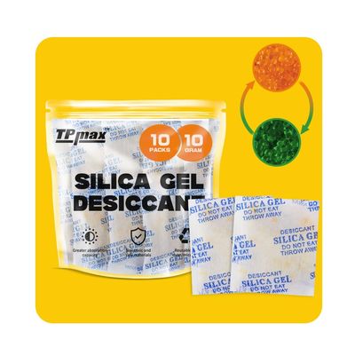 10g x 10 Packs Silica Gel Desiccant Sachets, Reusable Dehumidifiers with Color Indicator, Ideal for Storage, Closets, and Basements