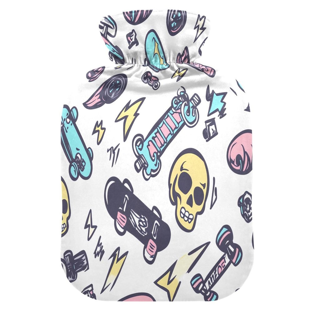 Lyeorm Cute Skateboards Hot Water Bottle with Soft Cover Large Hot Water Bag for Neck and Shoulder Pain Relief, Hot and Cold Compress, Hand Feet Warmer (2 Liter)