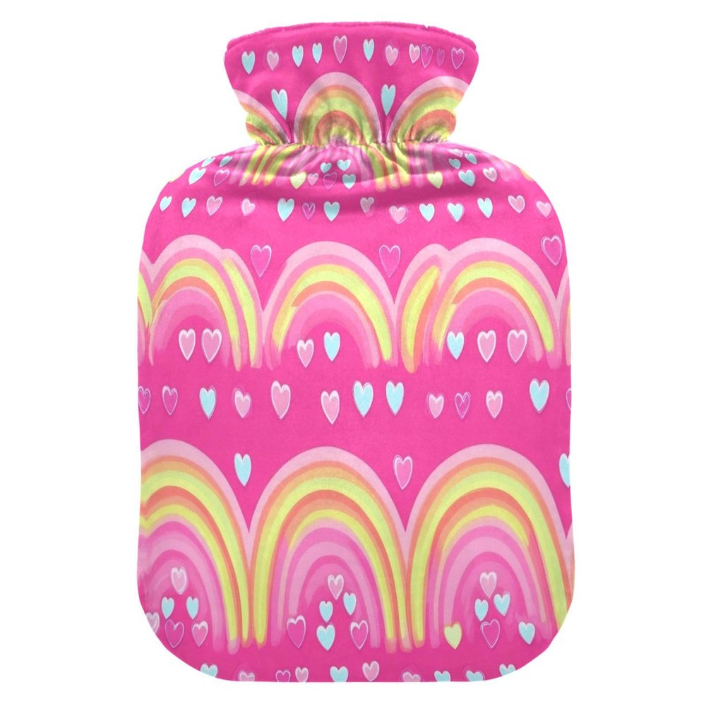 Lyeorm Rainbow Hearts Hot Water Bottle with Soft Cover Large Hot Water Bag for Neck and Shoulder Pain Relief, Hot and Cold Compress, Hand Feet Warmer (2 Liter)