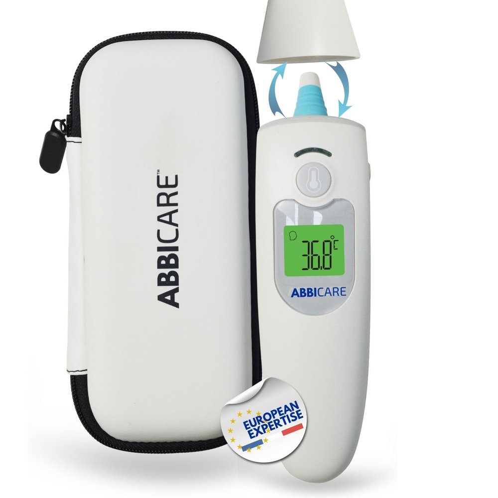 Multifunction forehead and ear thermometer with rigid case ABBICARE | Special baby mode ultra accurate and fast 1sec contactless | Professional infrared thermometer adult kids babies room