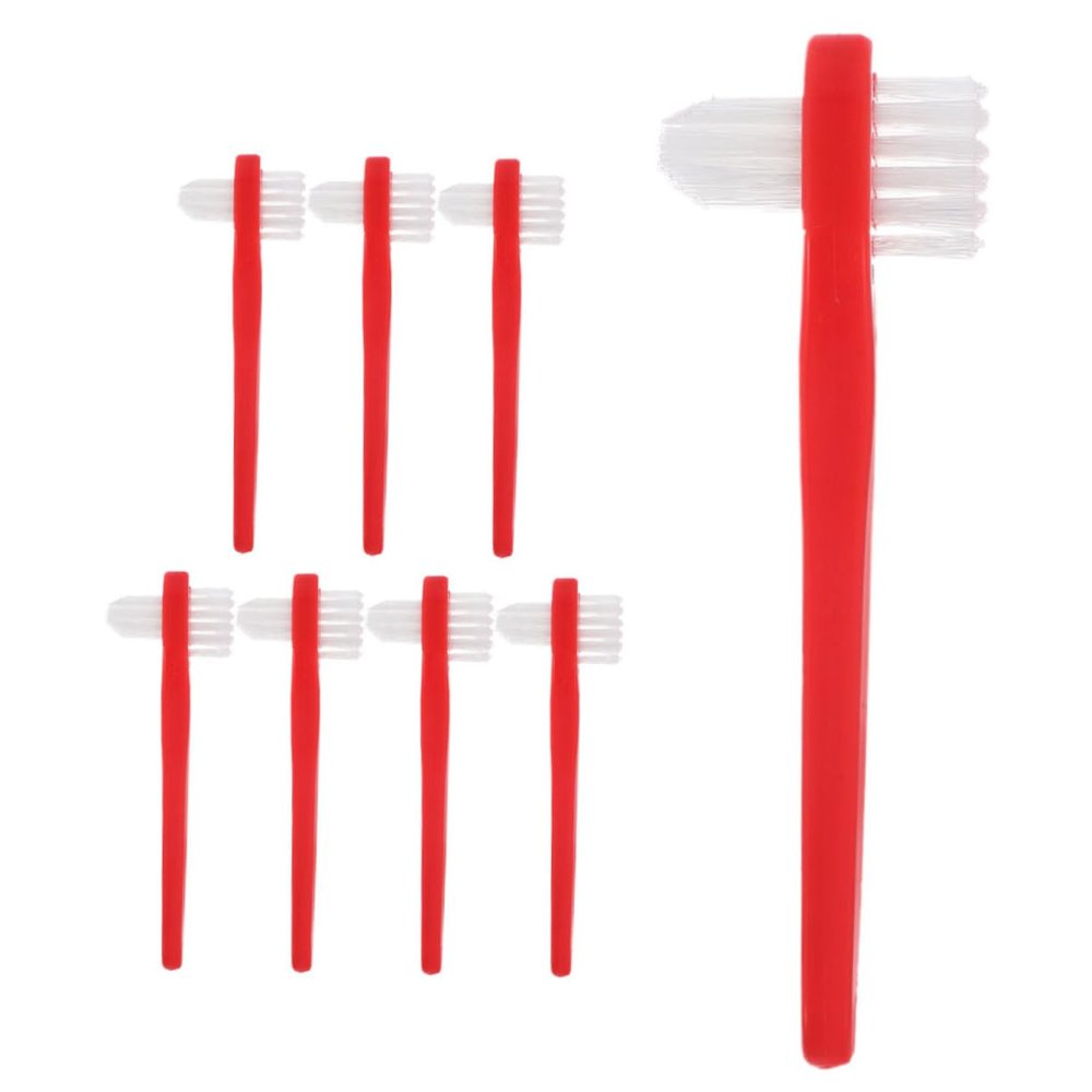 BELLIFFY Double Heads Toothbrush Set 8pcs Dual Head Cleaning Brush for False Teeth and Braces Soft Bristles Sturdy Plastic Red Travel Friendly