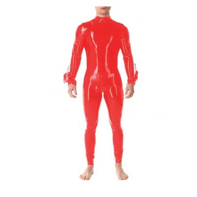 YGZHANYUANOKU Male Back Zipper Open Crotch Bodysuits Glossy PVC Leather Round Neck Skinny Long Sleeve Jumpsuits Mens Nightclub Zentai Customizable,Red,M