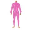 YGZHANYUANOKU Male Back Zipper Open Crotch Bodysuits Glossy PVC Leather Round Neck Skinny Long Sleeve Jumpsuits Mens Nightclub Zentai Customizable,Red,M view 2