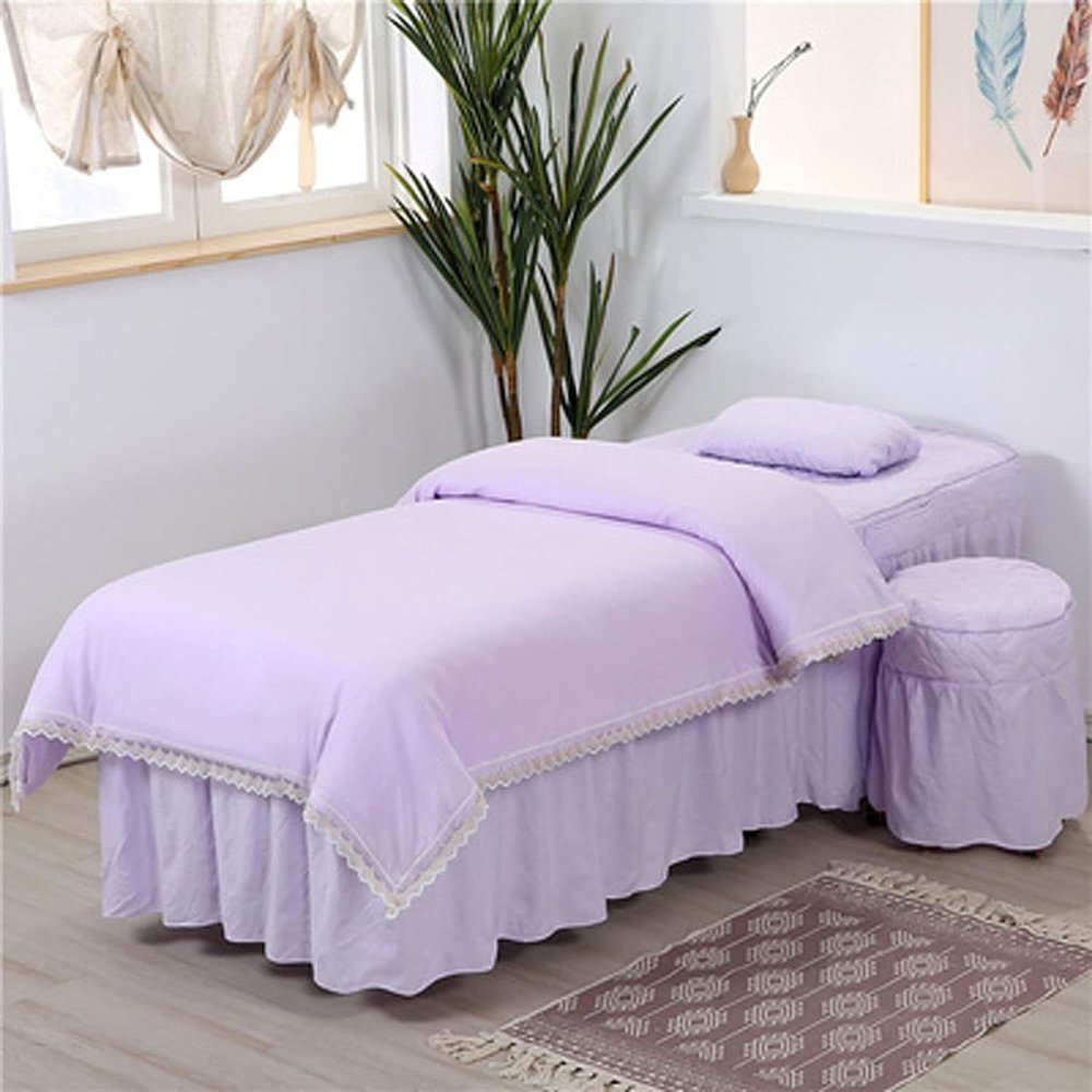 ILNCQLPM Massage bed skirt,Massage Table Skirt Bed Cover with Hole, Pure Color Washed Cotton Beauty Bed Cover Set of Four Body Massage Physiotherapy Beauty Salon Bed Cover Set (Purple 70 * 185cm)