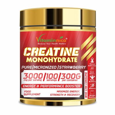 Vitaminnica Micronized Creatine Powder, 100% Pure Creatine Monohydrate Powder for Performance and Muscle Power | 100 Servings, 300 g (300g, Strawberry)