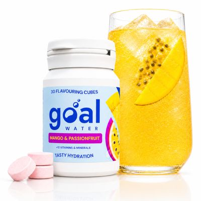GOAL WATER, Water Flavouring Drops, 30 Tablets for 15L Drink, Flavoured Hydration Tablets with Vitamins and Electrolytes, Effervescent, Zero Sugar, Vitamin B, C, D, E, Zinc (Mango & Passionfruit)