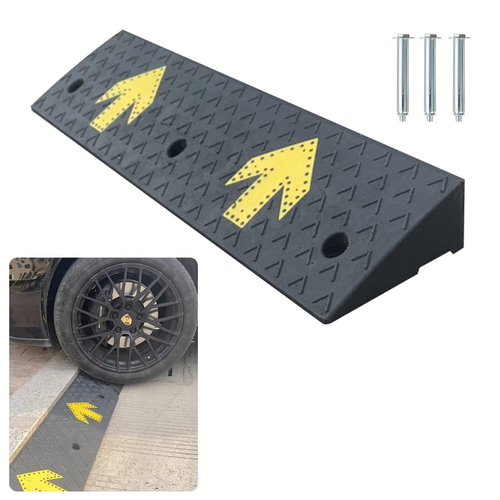 Driveway Rubber Curb Ramps - Heavy Duty Loading Ramps with Expansion Bolts - Car Ramps Marked with Yellow Arrows
