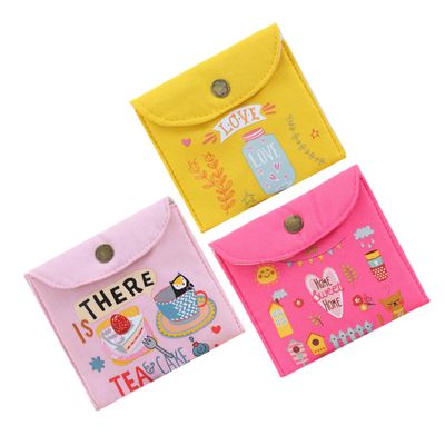 Baluue 3pcs Canvas Menstrual Pad Bags Tampon Bag with Button Design Portable Storage Pouch for Women Blue Random Style