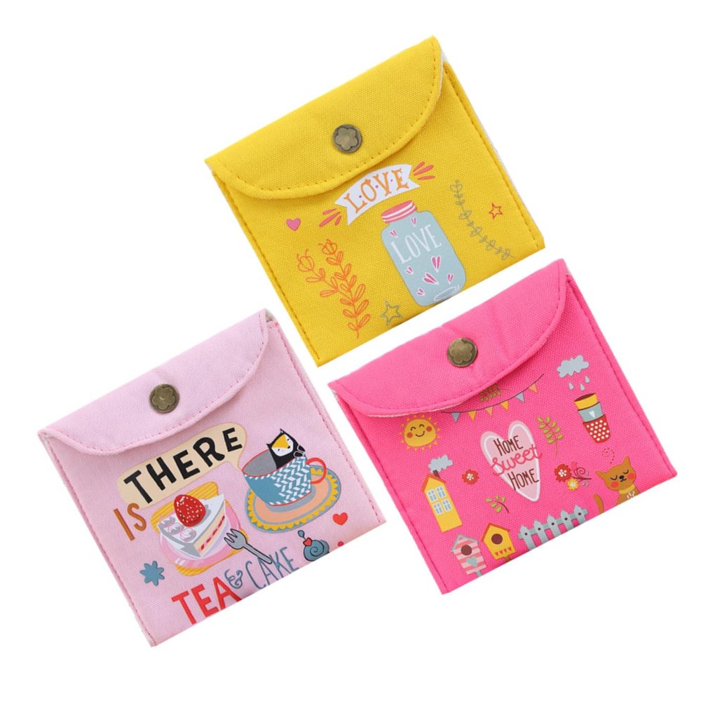 Baluue 3pcs Canvas Menstrual Pad Bags Tampon Bag with Button Design Portable Storage Pouch for Women Blue Random Style