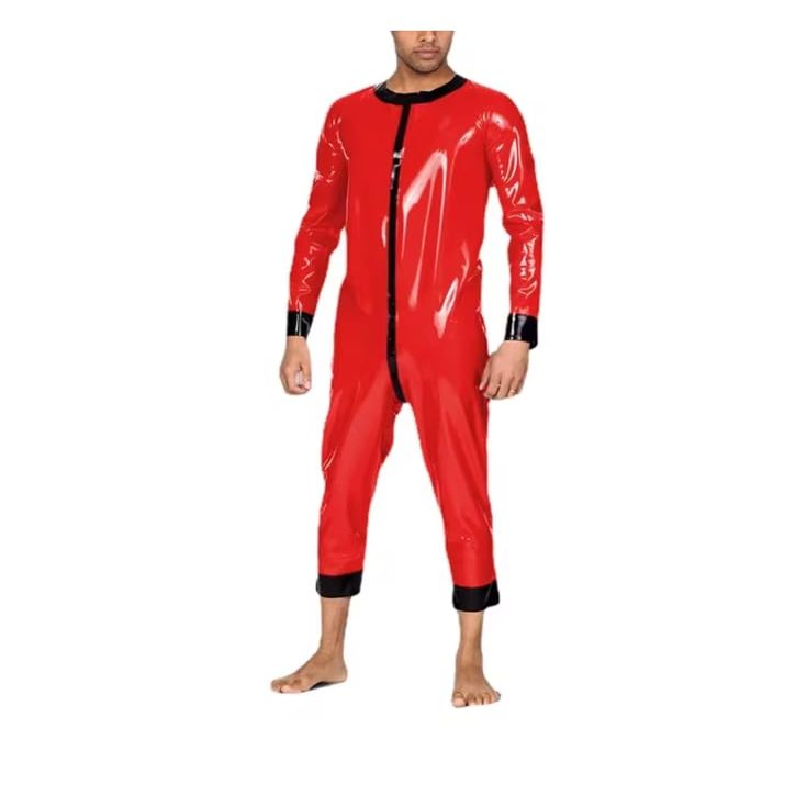 YGZHANYUANOKU Mens Sissy Patent Leather Long Sleeve O Neck Jumpsuit Adult Giant Costume Gay Male PVC Pyjama Latex Look Underwear Customizable,Red,5XL