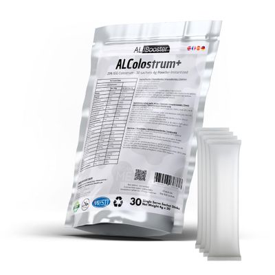 Alibooster ALColostrum+ - Colostrum Premium Powder - 100% Pure - Rich in IgG (20%) - Pocket Size - 30 Sachets of 4g 100% Natural