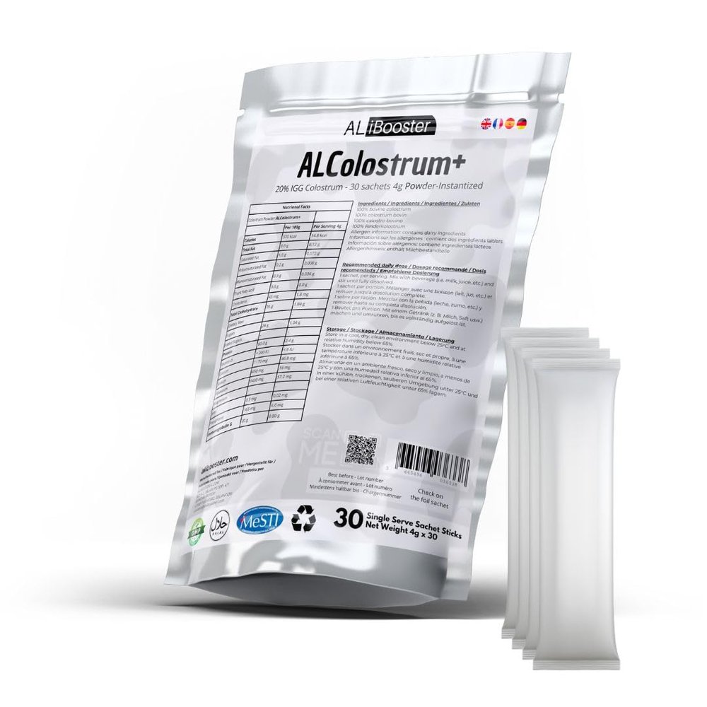 Alibooster ALColostrum+ - Colostrum Premium Powder - 100% Pure - Rich in IgG (20%) - Pocket Size - 30 Sachets of 4g 100% Natural