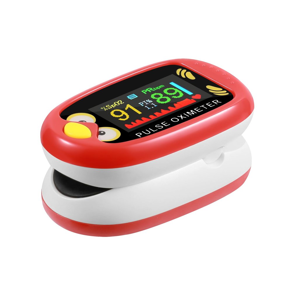 Yohcuro Paediatric Oximeter for Infants & Kids, Fingertip Pulse Oximeter for Small Fingers, Blood Oxygen Saturation, Pulse Rate Monitor, Cute Cartoon Design, USB-C Charging (Red)