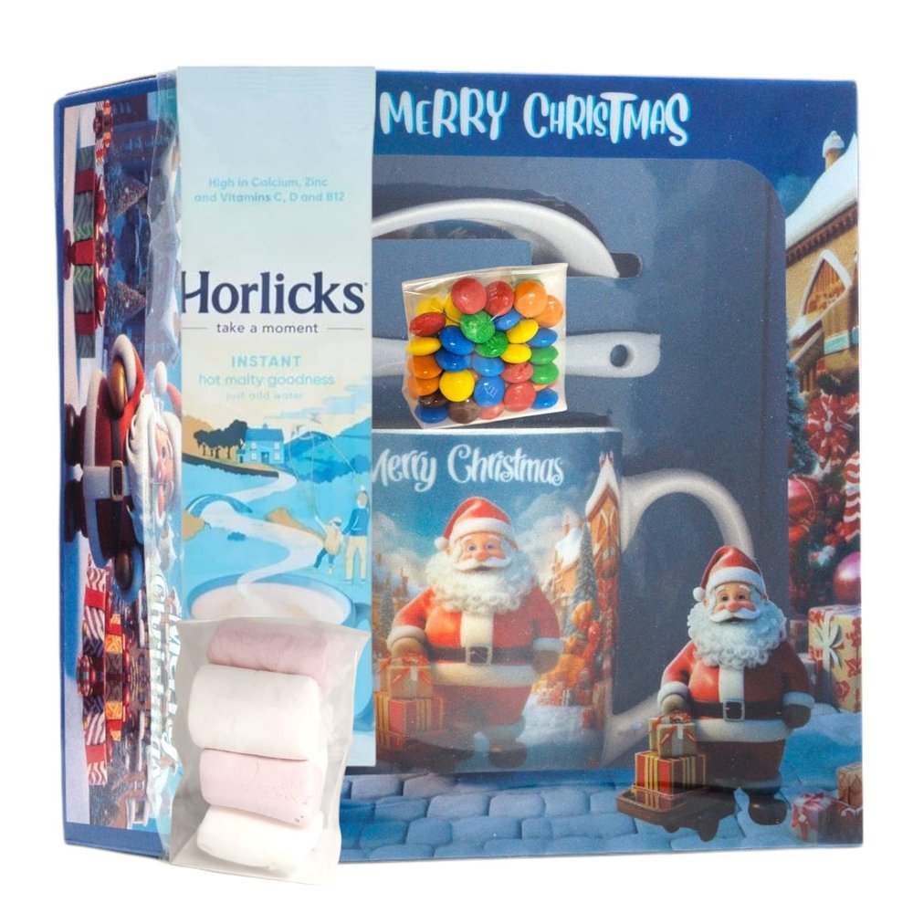 Divas World Christmas Ceramic Mug Gift Set with Spoon, Plate/Saucer, Hot Chocolate, Marshmallows & Candy Festive Holiday Treat Box (HK-2178B Blue Mug with Festive Treats)