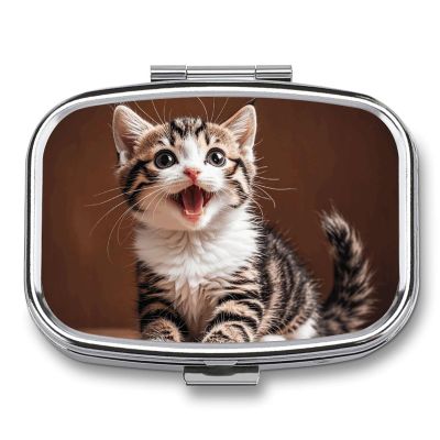 Pill Box with Mirror 2 Compartment Portable Cute Happy Kitten Pill Organizer for Pocket Or Purse Travel Medicine Pill Case Weekly Medicine Pill Container Holder for Daily Meds